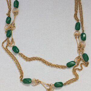 Vintage Gold Tone Scroll Dual Strand Stone Necklace